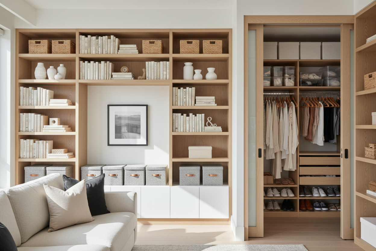 We are proud to be your trusted destination for high-quality Storage & Organization solutions designed to make everyday life easier, calmer, and more productive. Our mission is simple: to help you create a home where everything has its place — and where you can truly feel at peace. (make  it real photo)